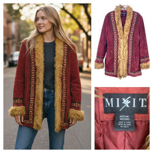 Vintage 1990's Mixit Sz M Suede Penny Lane Jacket Coat Faux Fur Trim Y2K